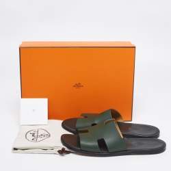 Pre Owned Hermes Green Leather Izmir Flat Sandals Size 43
