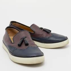 Hermes Blue/Burgundy Brogue Leather Must Tassel Slip On Sneakers Size 44