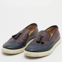Hermes Blue/Burgundy Brogue Leather Must Tassel Slip On Sneakers Size 44