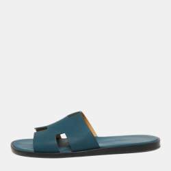 Hermes Dark Teal Leather Izmir Flat Slides Size 42