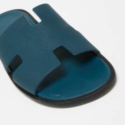 Hermes Dark Teal Leather Izmir Flat Slides Size 42