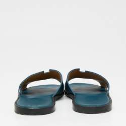 Hermes Dark Teal Leather Izmir Flat Slides Size 42