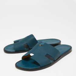 Hermes Dark Teal Leather Izmir Flat Slides Size 42