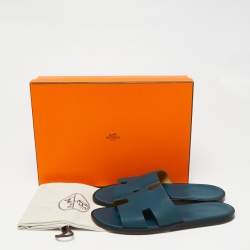 Hermes Dark Teal Leather Izmir Flat Slides Size 42