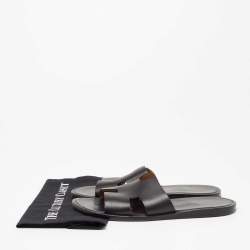Hermes Black Leather Izmir Flat Slides Size 42  