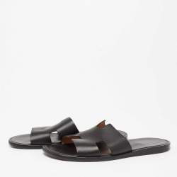 Hermes Black Leather Izmir Flat Slides Size 42  