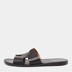 Hermes Black Leather Izmir Flat Slides Size 42  