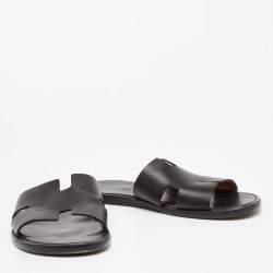 Hermes Black Leather Izmir Flat Slides Size 42  