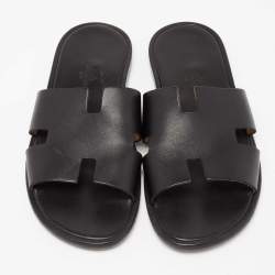 Hermes Black Leather Izmir Flat Slides Size 42  