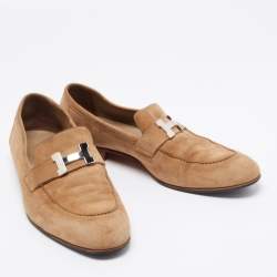 Hermes Brown Suede H Logo Slip On Loafers Size 42 