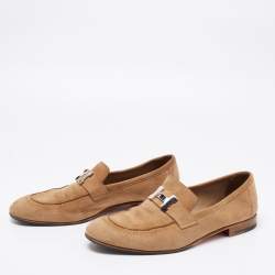 Hermes Brown Suede H Logo Slip On Loafers Size 42 