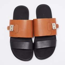 Hermes Brown/Black Leather Ionie Flat Slide Sandals Size 40.5