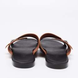 Hermes Brown/Black Leather Ionie Flat Slide Sandals Size 40.5