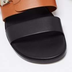 Hermes Brown/Black Leather Ionie Flat Slide Sandals Size 40.5