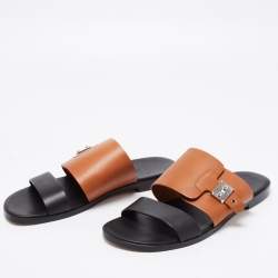 Hermes Brown/Black Leather Ionie Flat Slide Sandals Size 40.5