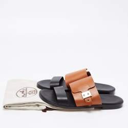 Hermes Brown/Black Leather Ionie Flat Slide Sandals Size 40.5