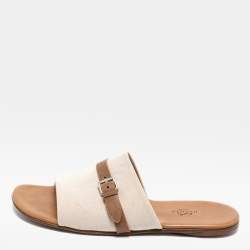 Hermes Cream/Brown Canvas And Leather Flat Sandals Size 41