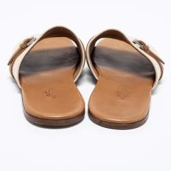 Hermes Cream/Brown Canvas And Leather Flat Sandals Size 41