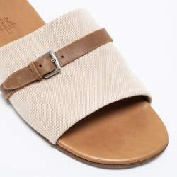 Hermes Cream/Brown Canvas And Leather Flat Sandals Size 41