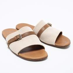 Hermes Cream/Brown Canvas And Leather Flat Sandals Size 41