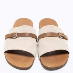 Hermes Cream/Brown Canvas And Leather Flat Sandals Size 41
