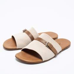 Hermes Cream/Brown Canvas And Leather Flat Sandals Size 41