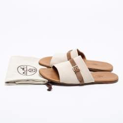 Hermes Cream/Brown Canvas And Leather Flat Sandals Size 41
