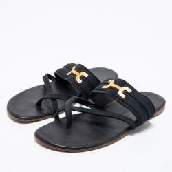 Pre Owned Hermes Black Suede Ring Toe Flat Sandals Size 41