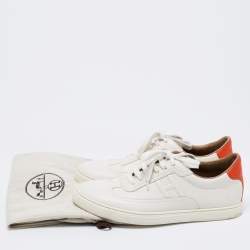 Hermes White/Orange Leather Quicker Low-Top Sneakers Size 41.5