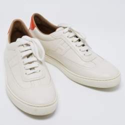 Hermes White/Orange Leather Quicker Low-Top Sneakers Size 41.5