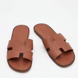 Hermes Brown Leather Izmir Flat Slides Size 47