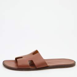 Hermes Brown Leather Izmir Flat Slides Size 47