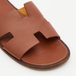 Hermes Brown Leather Izmir Flat Slides Size 47