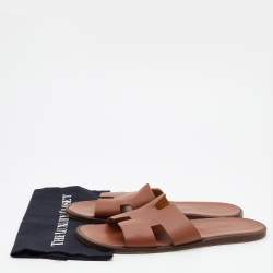 Hermes Brown Leather Izmir Flat Slides Size 47