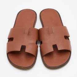 Hermes Brown Leather Izmir Flat Slides Size 47