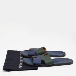 Hermes Blue/Green Leather Izmir Flat Slides Size 47