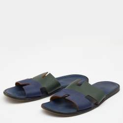 Hermes Blue/Green Leather Izmir Flat Slides Size 47