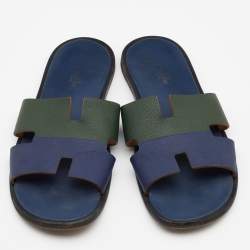 Hermes Blue/Green Leather Izmir Flat Slides Size 47