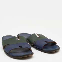 Hermes Blue/Green Leather Izmir Flat Slides Size 47