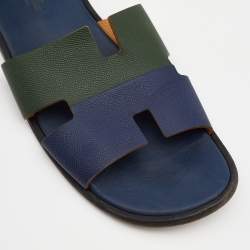 Hermes Blue/Green Leather Izmir Flat Slides Size 47
