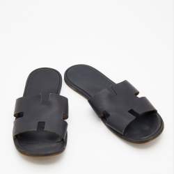 Hermes Black Leather Izmir Flat Slides Size 47