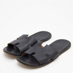 Hermes Black Leather Izmir Flat Slides Size 47