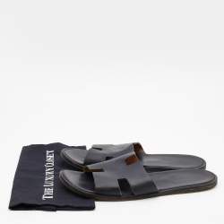 Hermes Black Leather Izmir Flat Slides Size 47