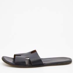 Hermes Black Leather Izmir Flat Slides Size 47