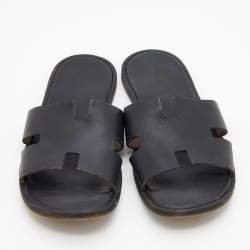 Hermes Black Leather Izmir Flat Slides Size 47