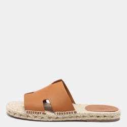 Hermes Tan Leather Antigua Espadrille Flat Slides Size 40
