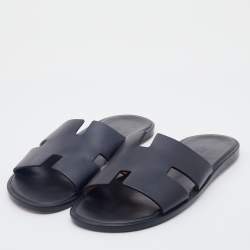 Hermes Black Leather Izmir Flat Slides Size 42.5