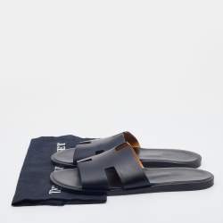 Hermes Black Leather Izmir Flat Slides Size 42.5