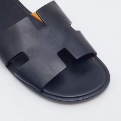 Hermes Black Leather Izmir Flat Slides Size 42.5