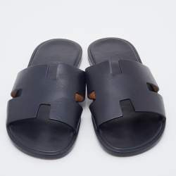 Hermes Black Leather Izmir Flat Slides Size 42.5